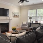 Living room with dark gray couch
