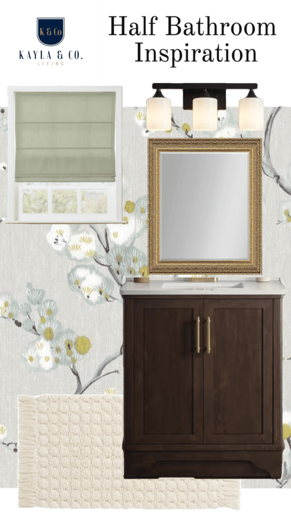 Transition bathroom inspiration collage of window treatments, gold frame mirror, dark wood vanity, and rug for half bathroom