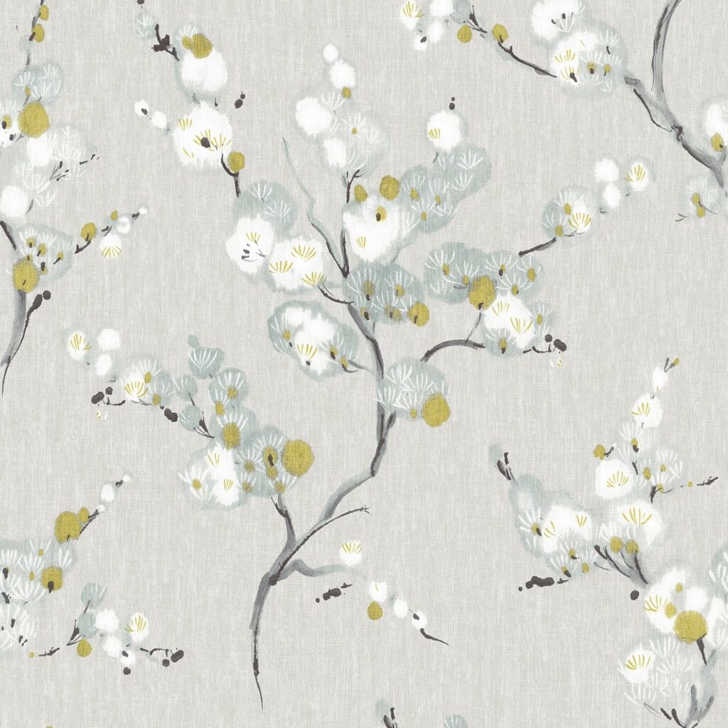 Japanese blossoms on grey background with blue, yellow, and white blooms for transitional bathroom