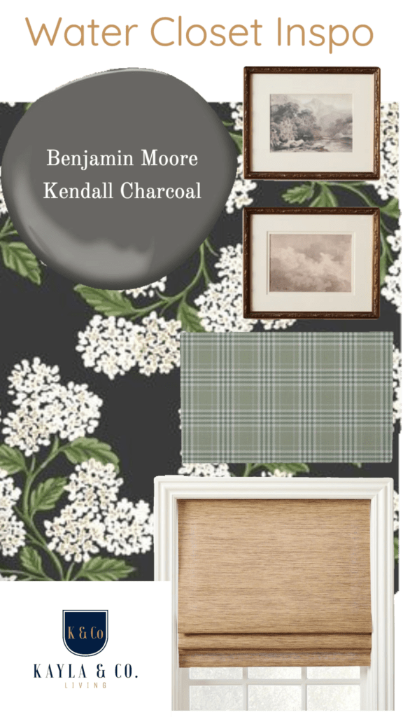 Transitional bathroom inspiration of window treatments, bath mats, wallpaper, and pictures for a water closet